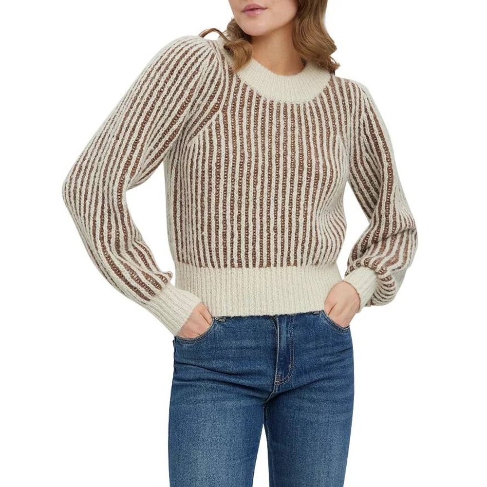 Vero Moda Sweater Womens Sz S Birch Juliette‎ Striped Puff Sleeve Mock Neck Knit